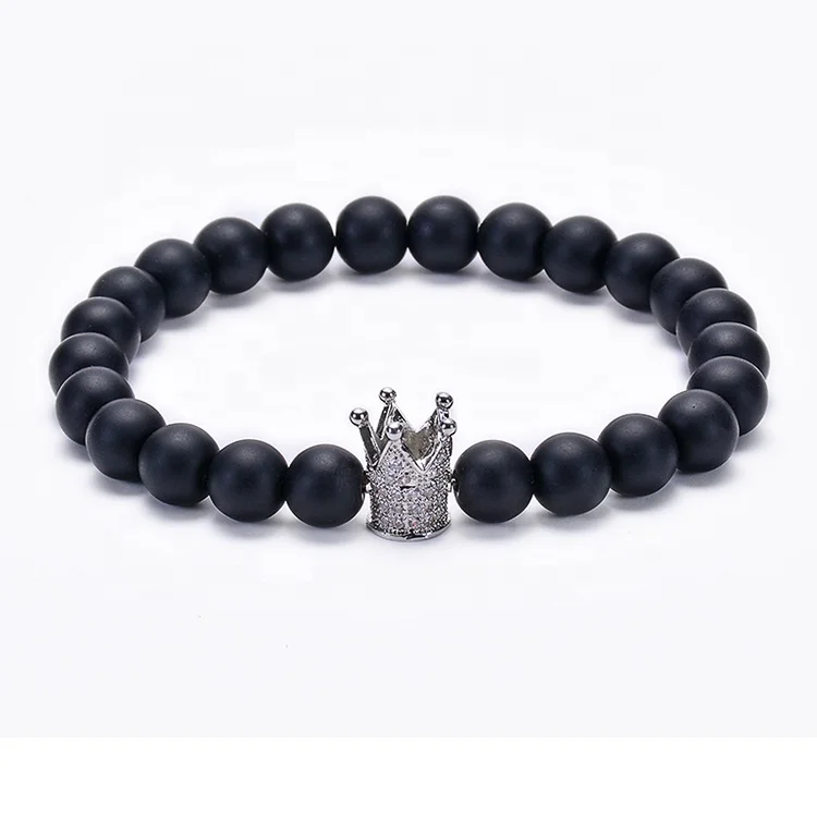 Custom Personalized Matt Black White Turquoise Silver Crown Her King His Queen 8mm Beads Couple Bracelet