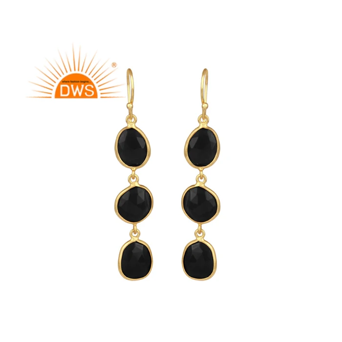 Fabulous Indian Gold Plated Designer Silver Bezel Set Drop Earrings Black Onyx Gemstone Earrings Jewelry Manufacturer