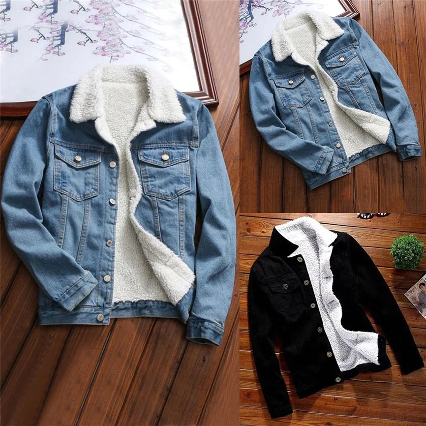 Men Winter slim fit Jacket Warm Denim Fur lining Collar Outwear Lined Jean Coat