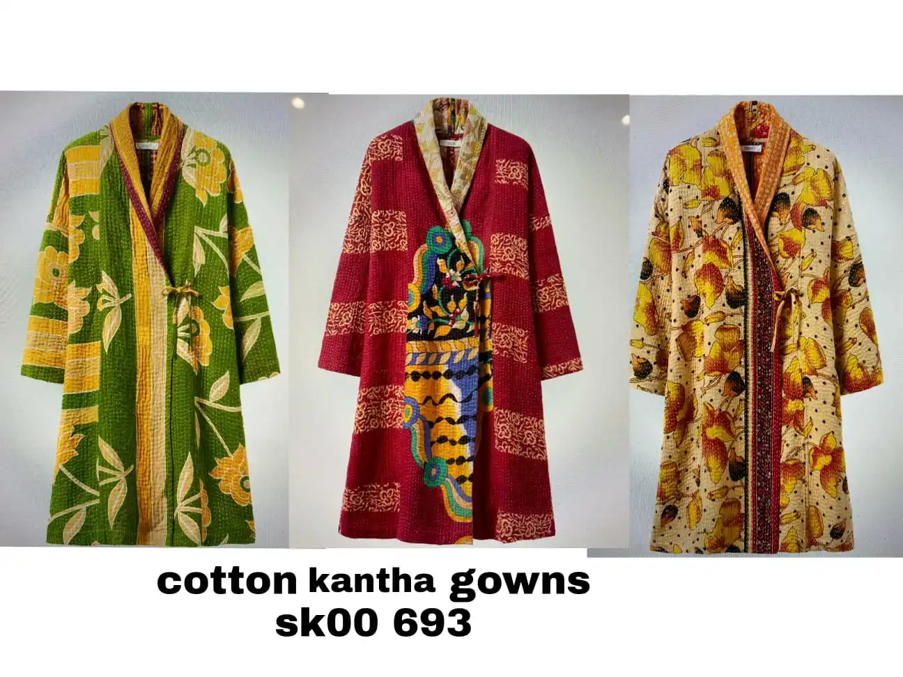 Kimono Style Kantha Quilted Sleepwear Bathrobe Wholesale Boho Hand Block Print Cotton Handmade Maxi Gown Dress