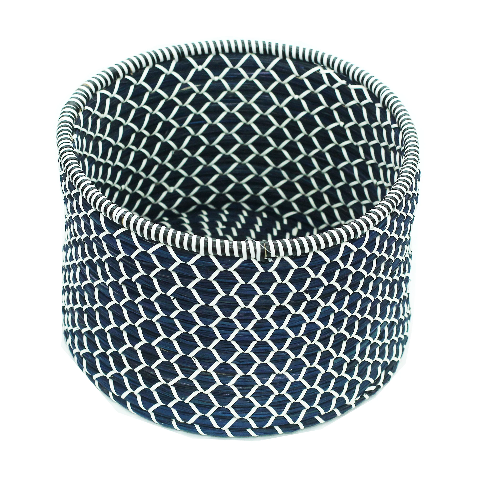 Best quality dark navy with white fibre round storage boxes & bins hand woven from natural eco friendly sea-grass direct OEM ser