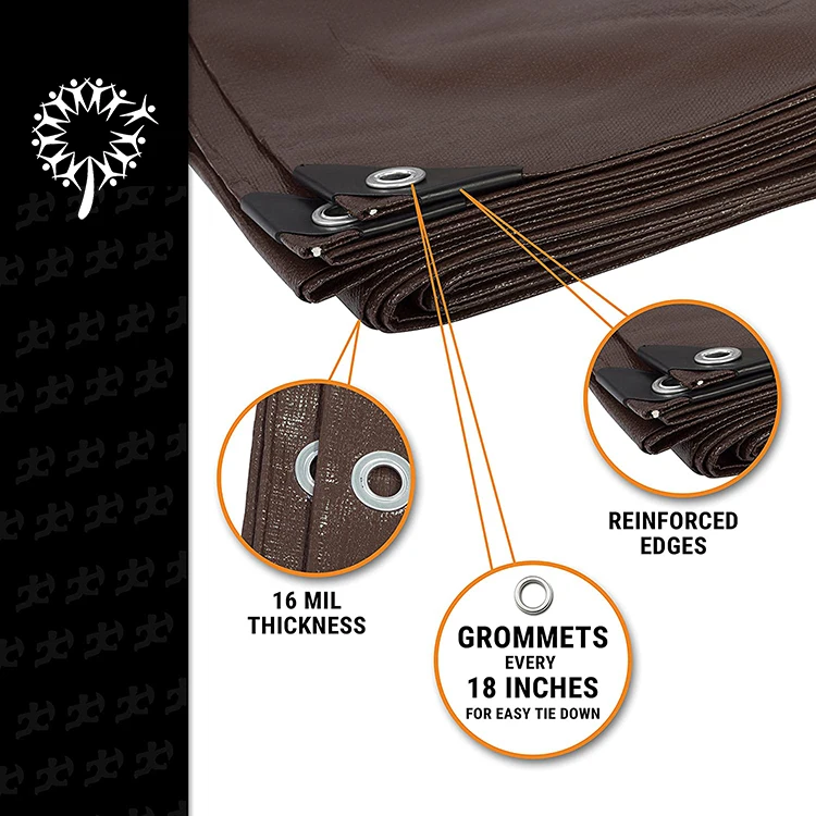 Custom Super Heavy Duty Brown Poly Tarp Cover Thick PE Waterproof UV Resistant Tarpaulin with Grommets