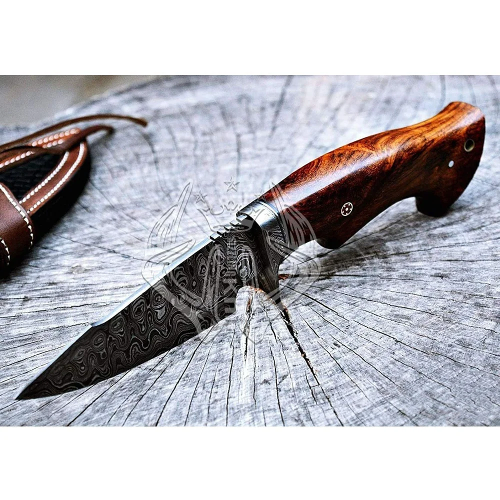 Beautiful Custom Handmade Damascus Steel Fixed Sharp Blade Hunting Bowie Camping Knife Gift For Him Handle Natural Rose Wood