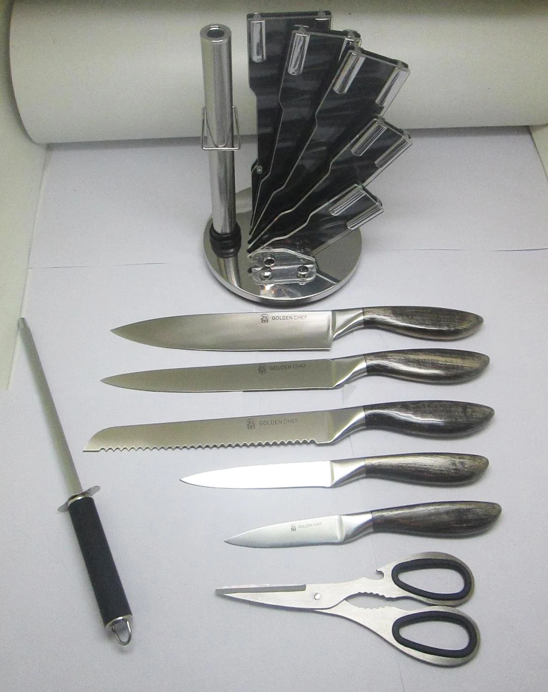 Yangjaing Factory, high quality Hollow kitchenware 430SS Chef knife set, sharpener with antique handle and acrylic stand