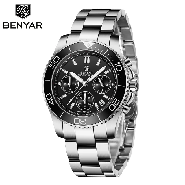 Часы BENYAR S002 мужские с японским механизмом многофункциональные водонепроницаемые стальные светящиеся хронографом и календарем VD53