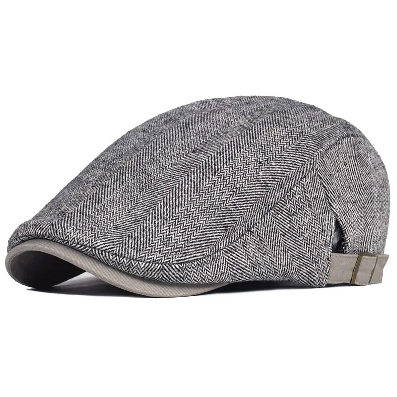 Big Size Newsboy Men Winter Wool-Cap Thick Warm Vintage Herringbone Casual Stripe Berets Gatsby Flat Hat Peaked-Cap Adjustable
