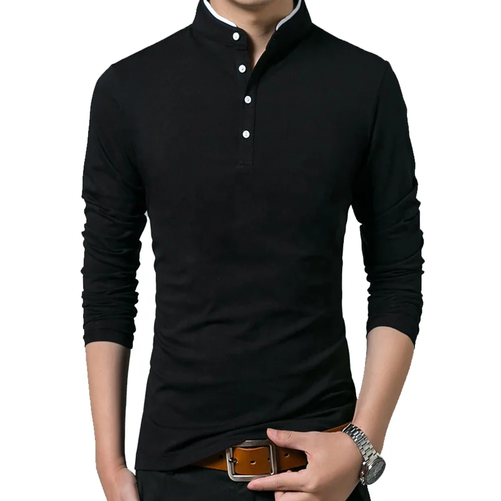 Wholesale Men Cotton T Shirt Full Sleeve T-shirt Men Solid Color T-shirts tops tees Mandarin Collar Long Shirt