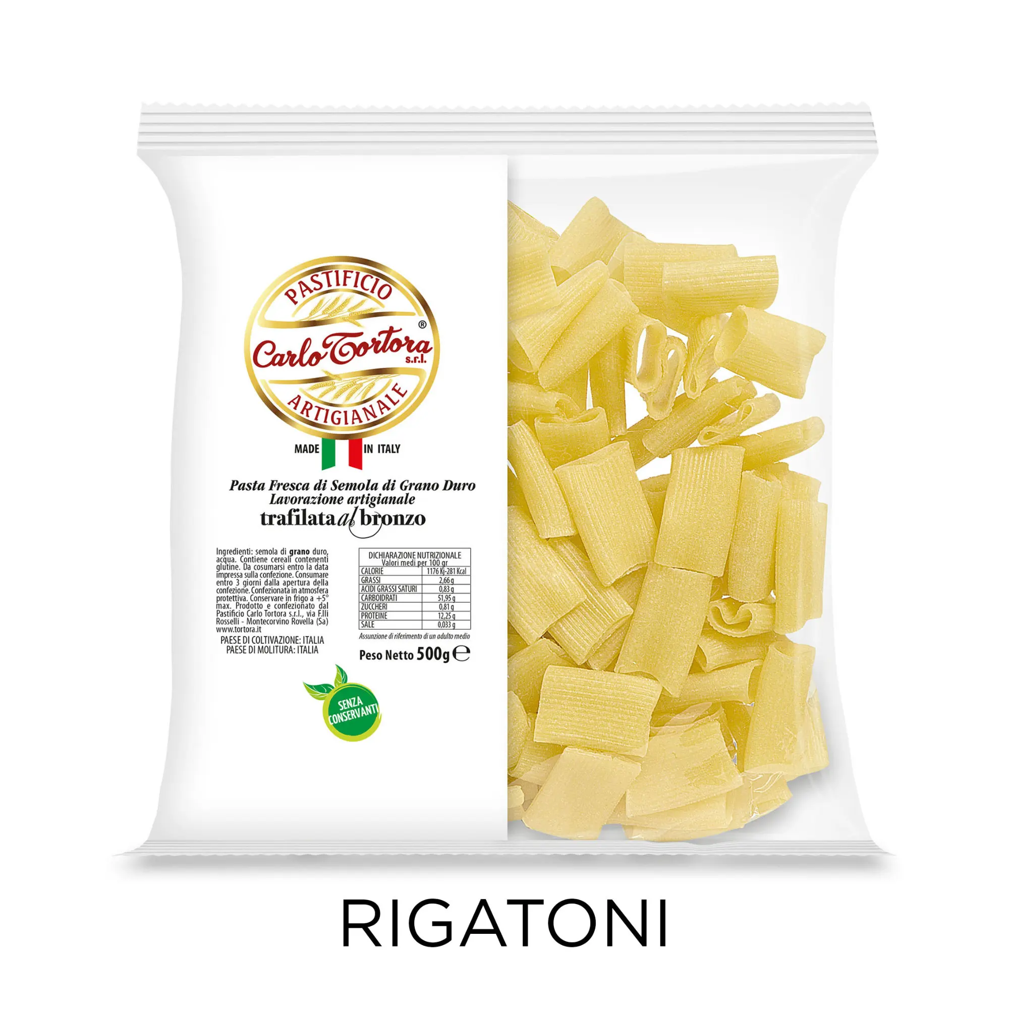 Rigatoni 500g Tortora Selection Fresh Pasta Italian Semolina Durum Wheat Pasta - High Quality Pasta