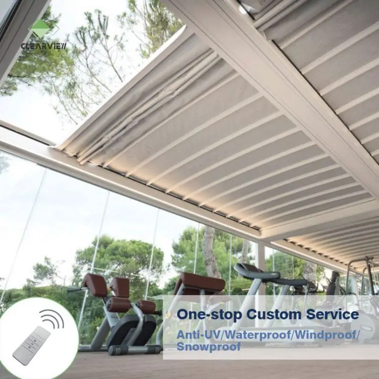 Clearview дистанционное управление светонепроницаемая ветрозащитная моторизованная Выдвижная беседка в комплекте система на крыше