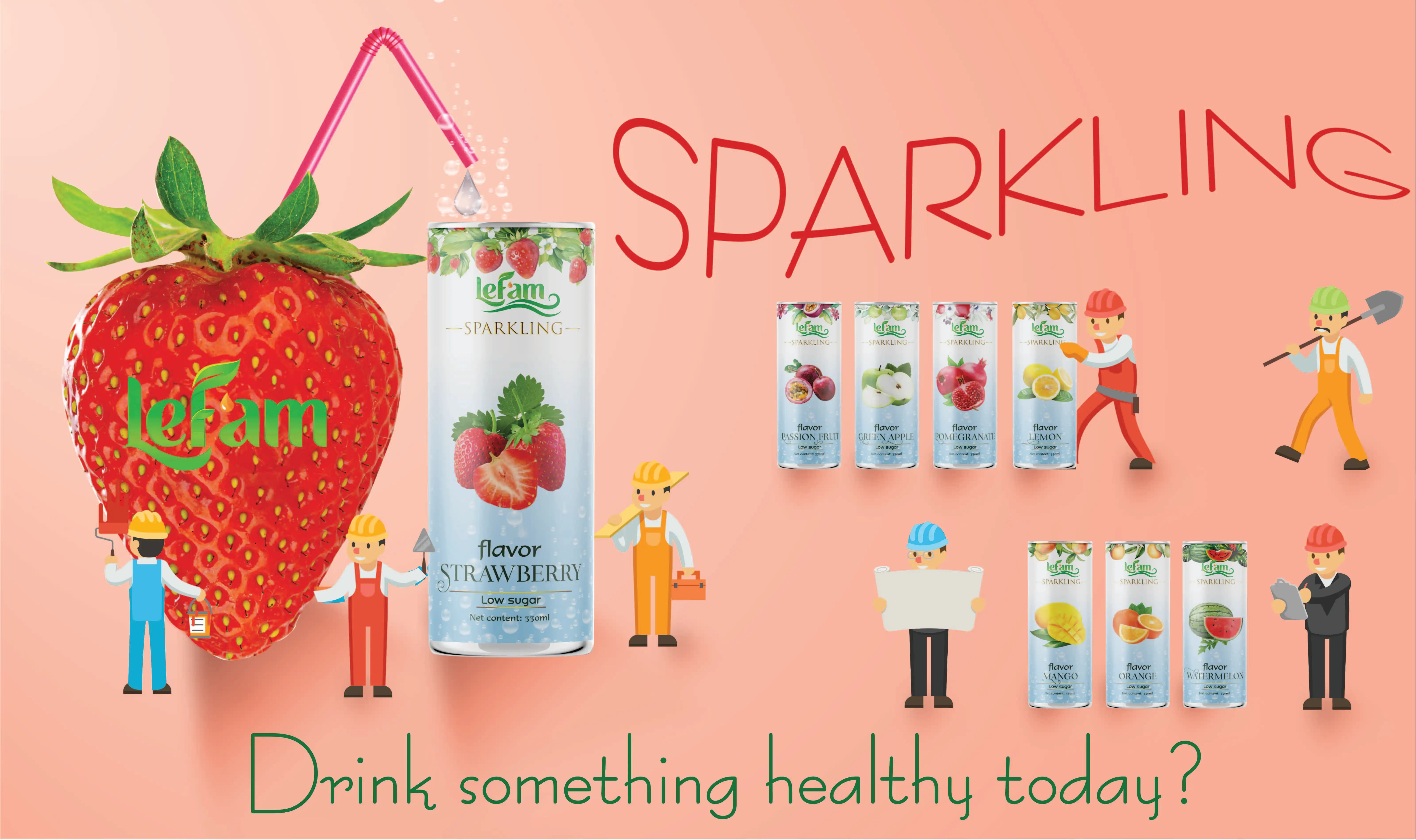 Sparkling Drink Strawberry Flavor Sparkling Water OEM ODM Natural Juice 330ml 11.2 Oz packing 12 cans Lefam 0084 96 345 2745