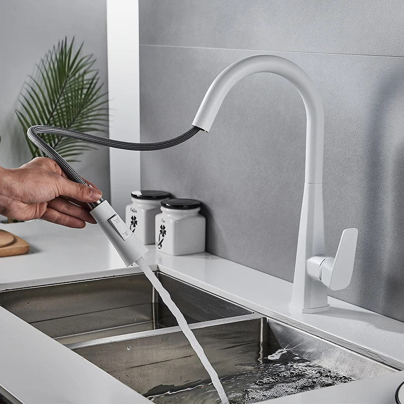 Modern High Grade White Copper Flat Head Three-way Horn Pull out Down Kitchen Tap Faucet