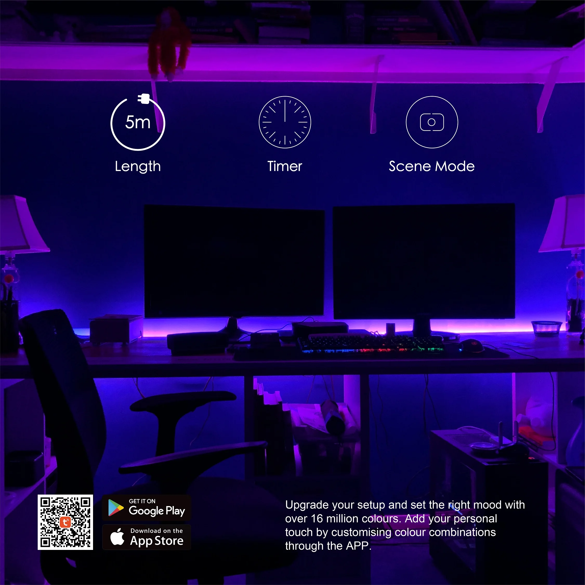 New trending 5 metere long Porodo brite 48W Smart LED light Strip, RGB Lighting compatible with android and iOS