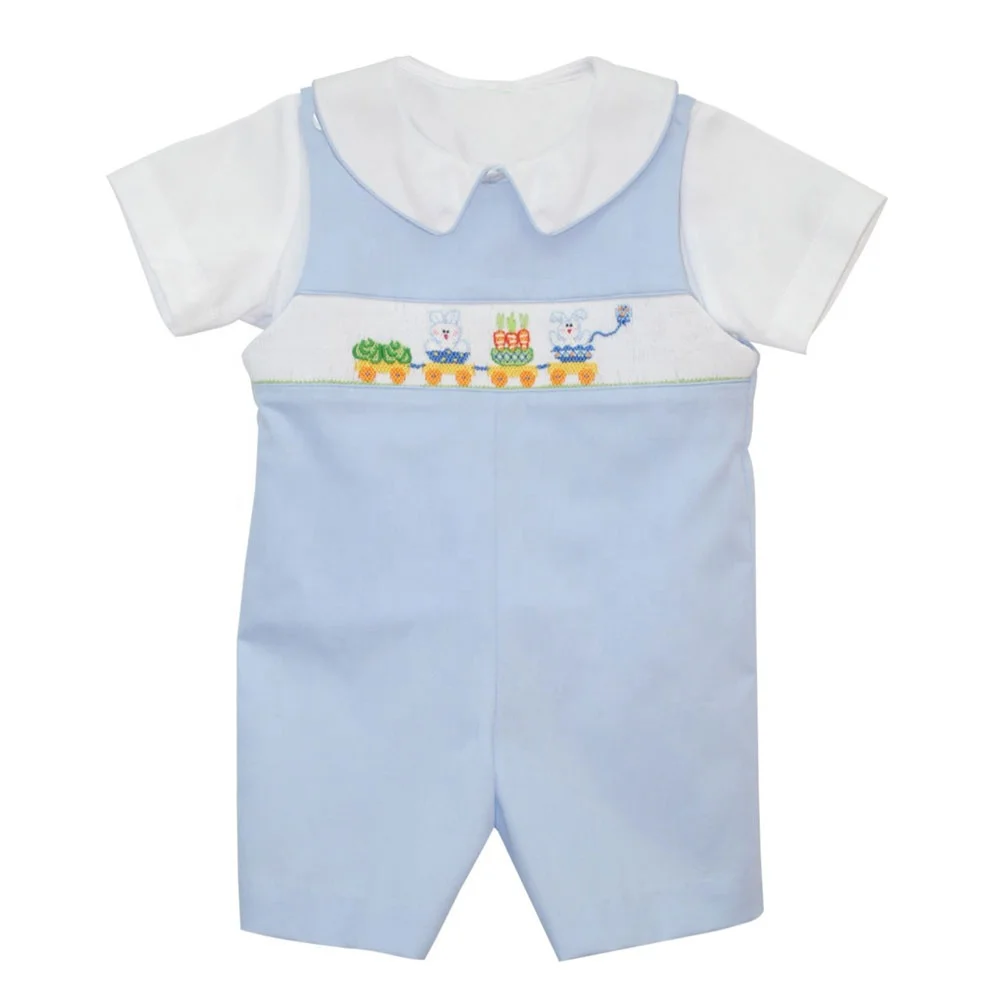 Wholesale Baby Boys Cute Blue Smocked Carrots and Bunnies Easter Shortall Shirt Set baby boys easter outfits