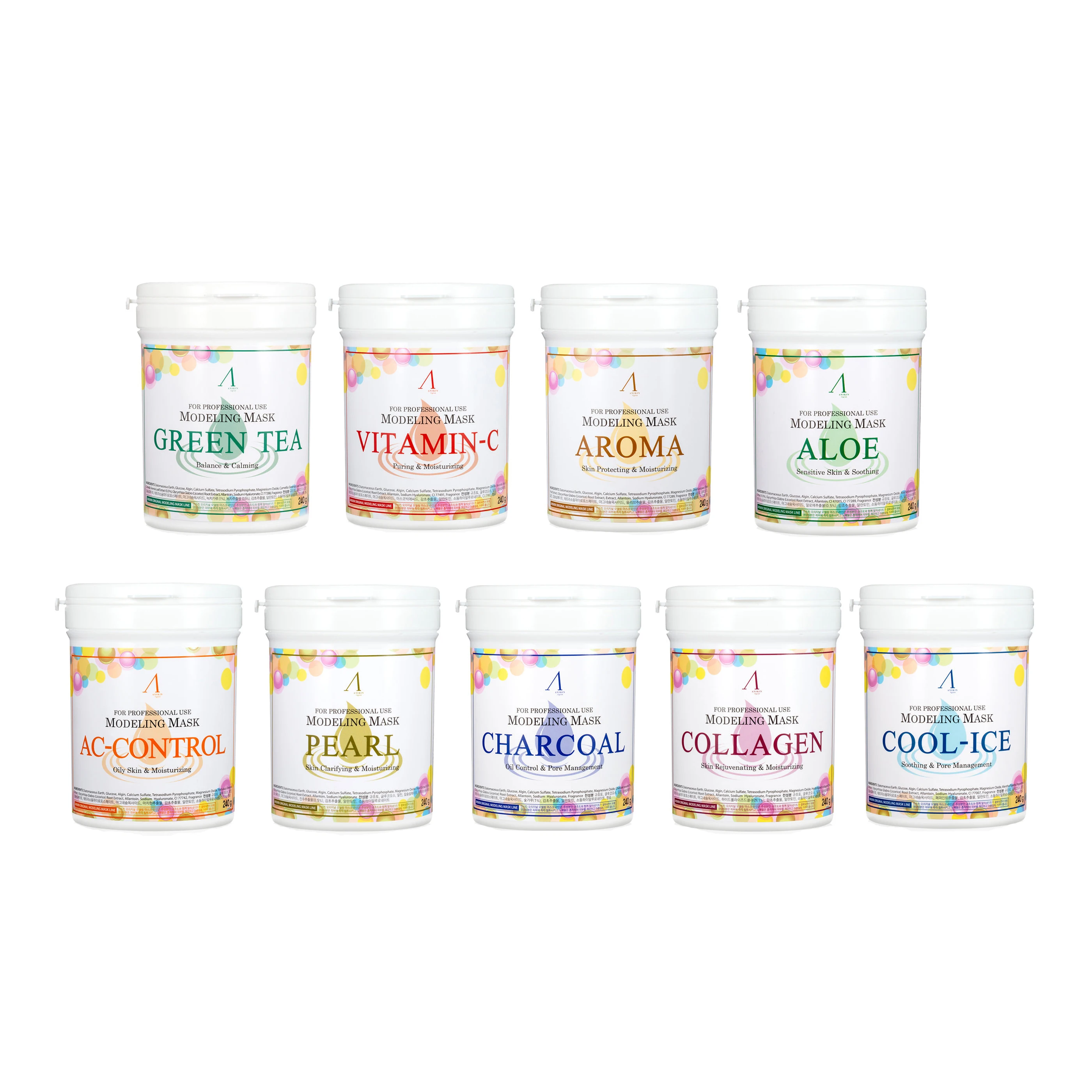 Anskin Modeling Facial Powder Pack 240g Green Tea/Vitamin-c / Armoa / Aloe / Ac-Control / Pearl / Charcoal / Collagen / Cool-Ice