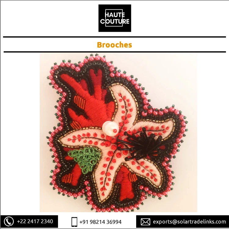 Custom Brand 9 cms Bullion Kora Silk Thread Embroidered Handmade Miyuki Beads Made Starfish Coral Brooches at Bulk Price