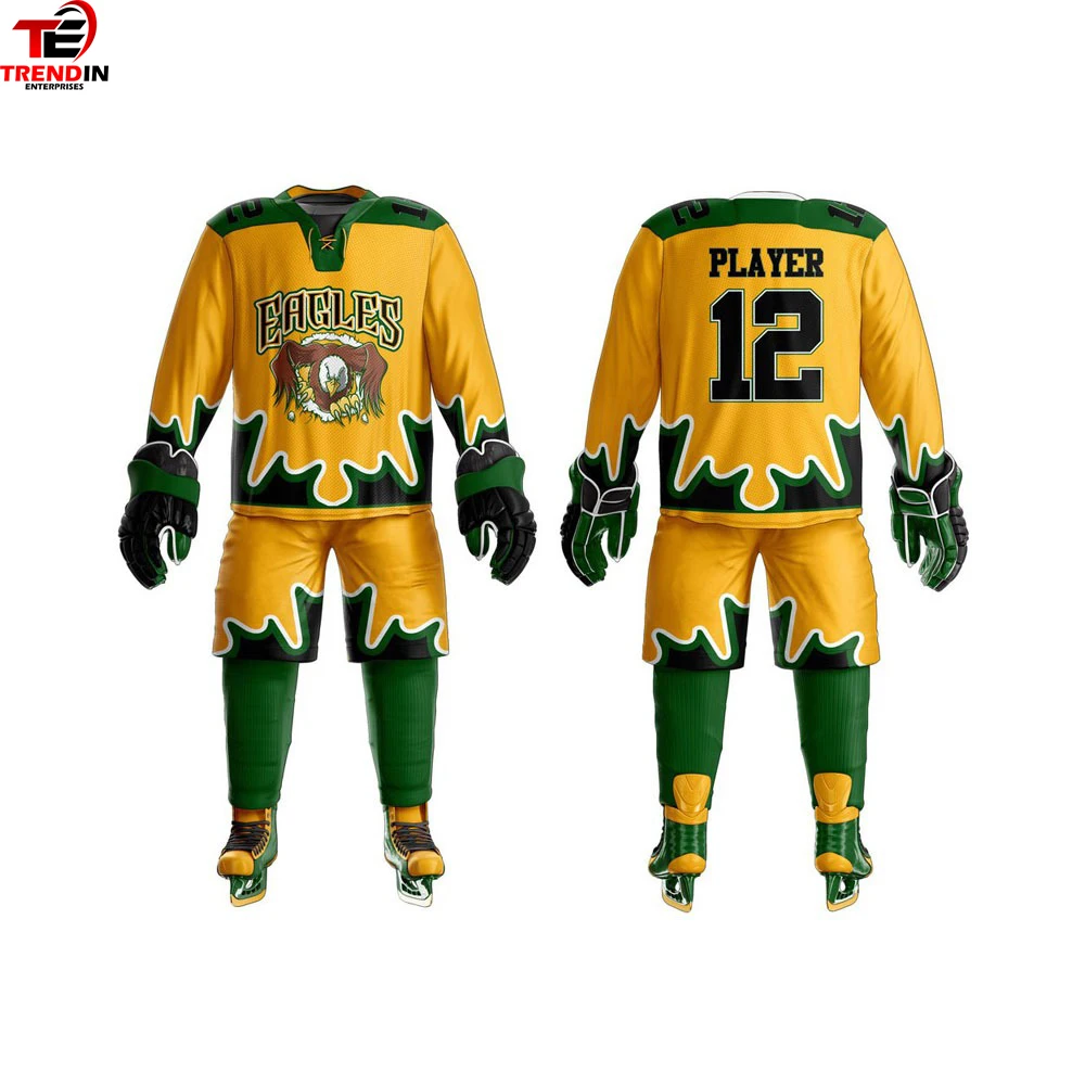 Униформа для хоккея с сублимационной печатью 100% полиэстер дышащая ткань мужские комплекты шайбой по низкой цене