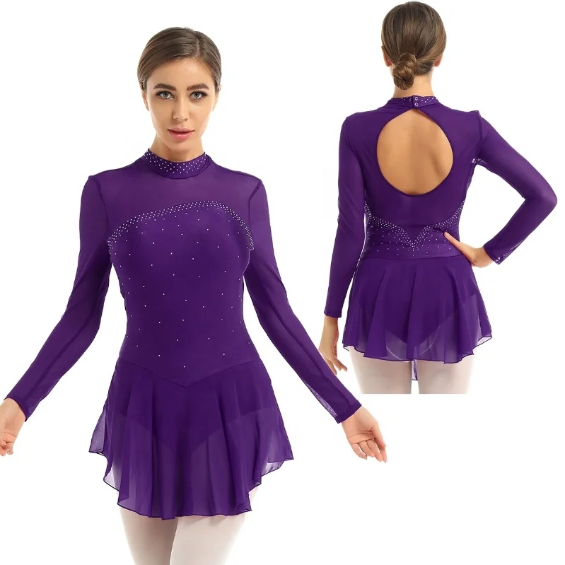  Women Adult Mesh Shiny Rhinestones Splice Bodice Figure Skating Gym Leotard Ballet Dance