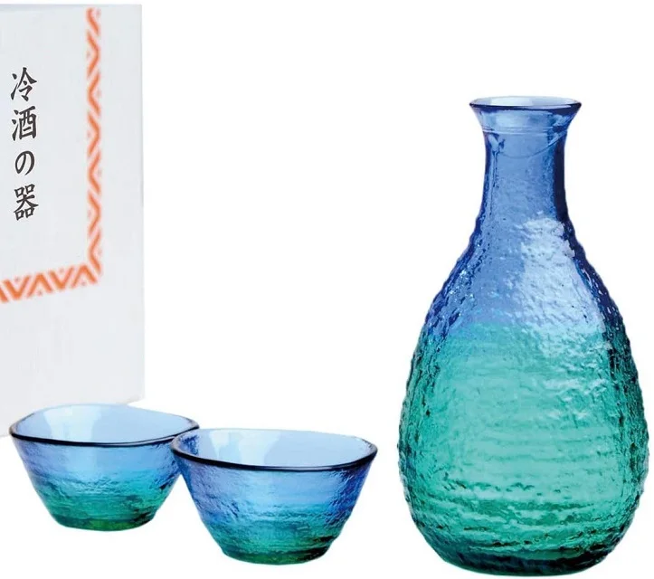 TOYO SASAKI GLASS blue and green cold sake glass set made in JAPAN 14802
