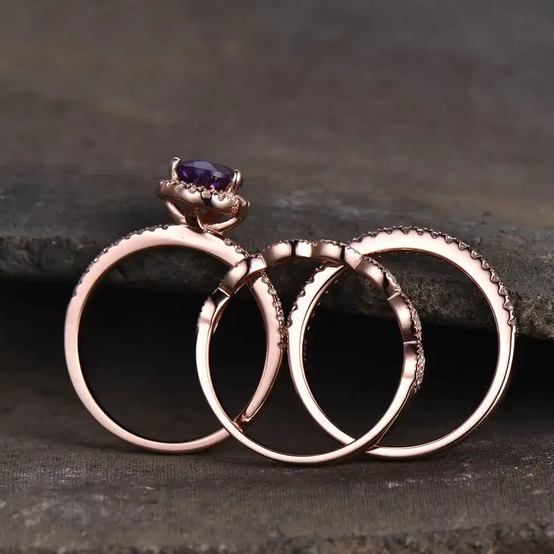 Amethyst Engagement Ring Set Stacking Wedding Bands February Birthstone Rose Gold Plated Bridal 925 Silver