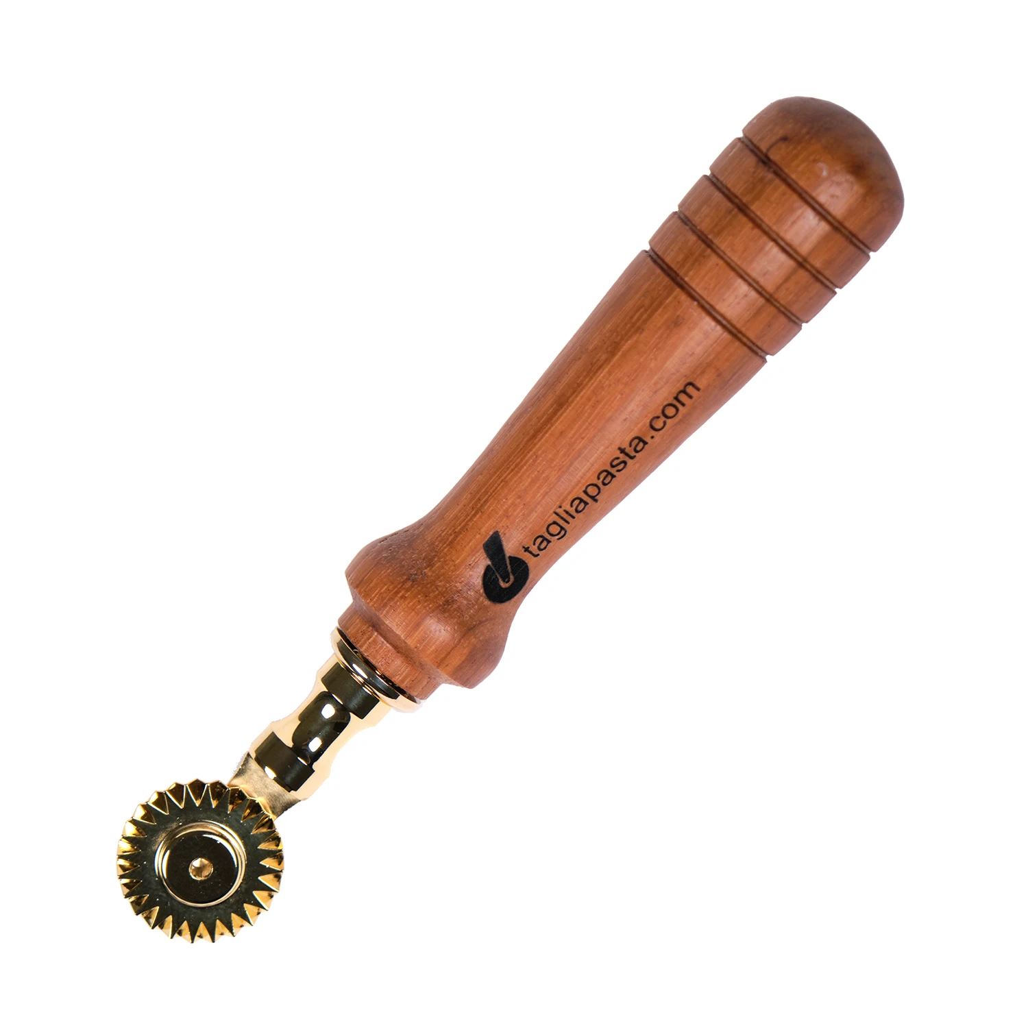 
Golden brass pasta cutter with single toothed blade. Dousse wood handle 