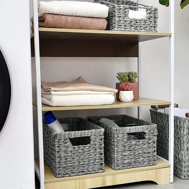 desktop Woven Rattan Storage Basket, Wicker Gray Baskets for home or office