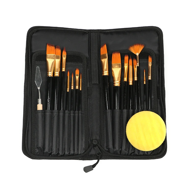 17pcs drawing black wood artist brush set nylon hair paint brush artist acrylic paint brush set with knife and sponge