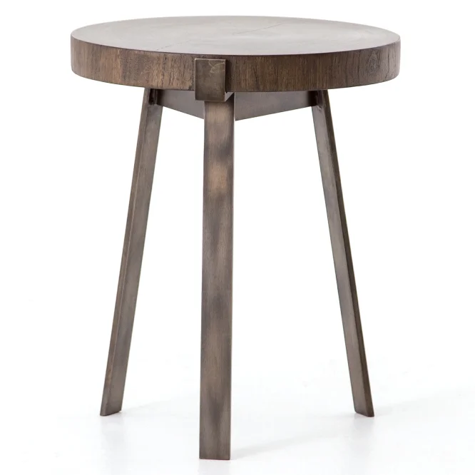  Wooden And Industrial Iron Side Table Dark Wood with Gold Polish