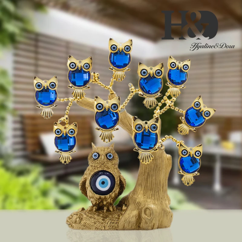 H&D Turkish Blue Evil Eye Owl Figurines Gold Lucky Tree of Life Statue Home Decor Ornaments