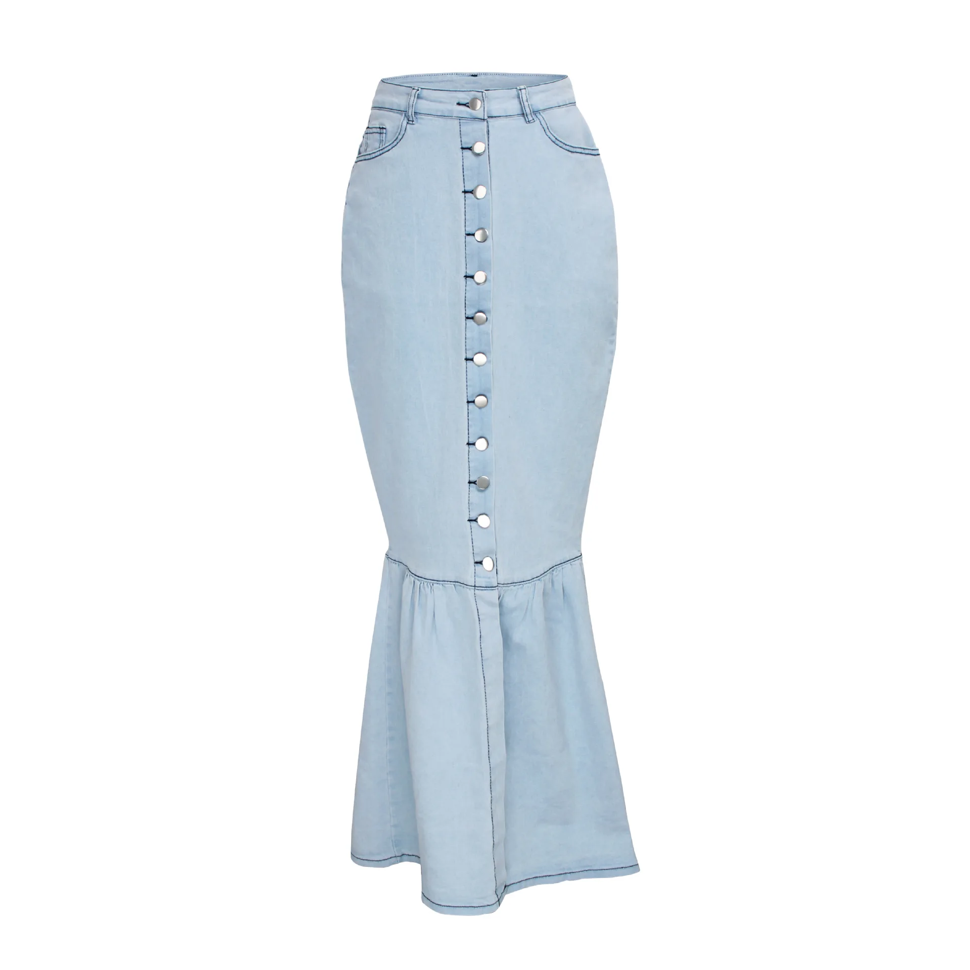 Best seller high waist button splicing maxi bud ladies clothing fashion woman denim skirt