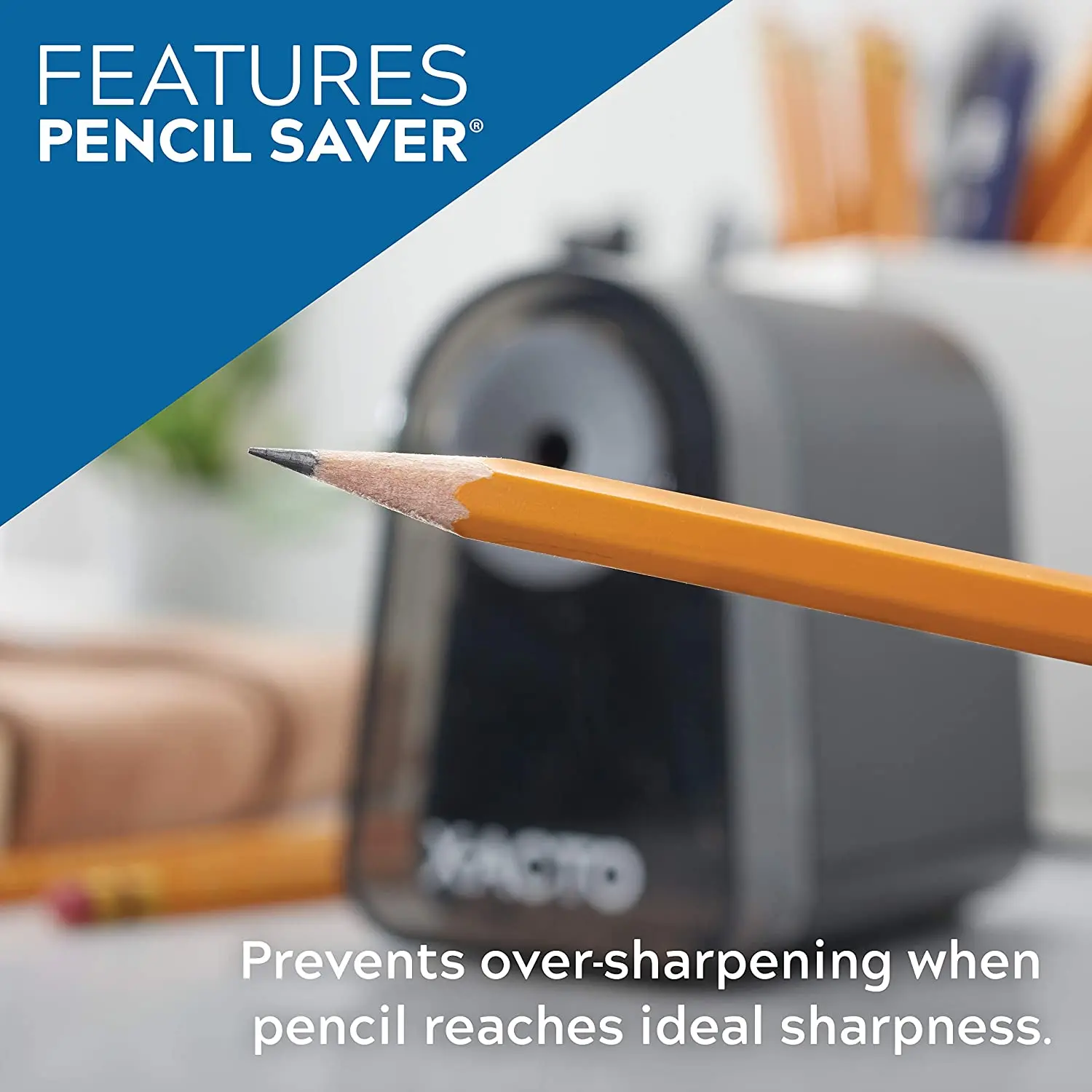 Electric Sharpener Unique Design With Pencil Saver feature prevents oversharpening, Black