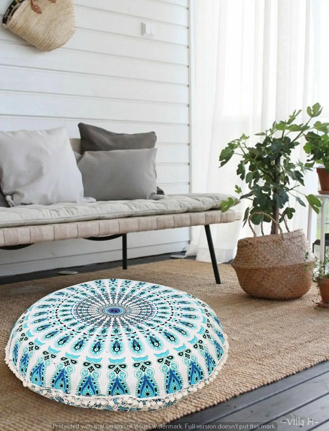 Ethnic Pouffe Mandala Floor Cushion Round Cover Ottoman Pouf White Cotton Fabric Multiple Color