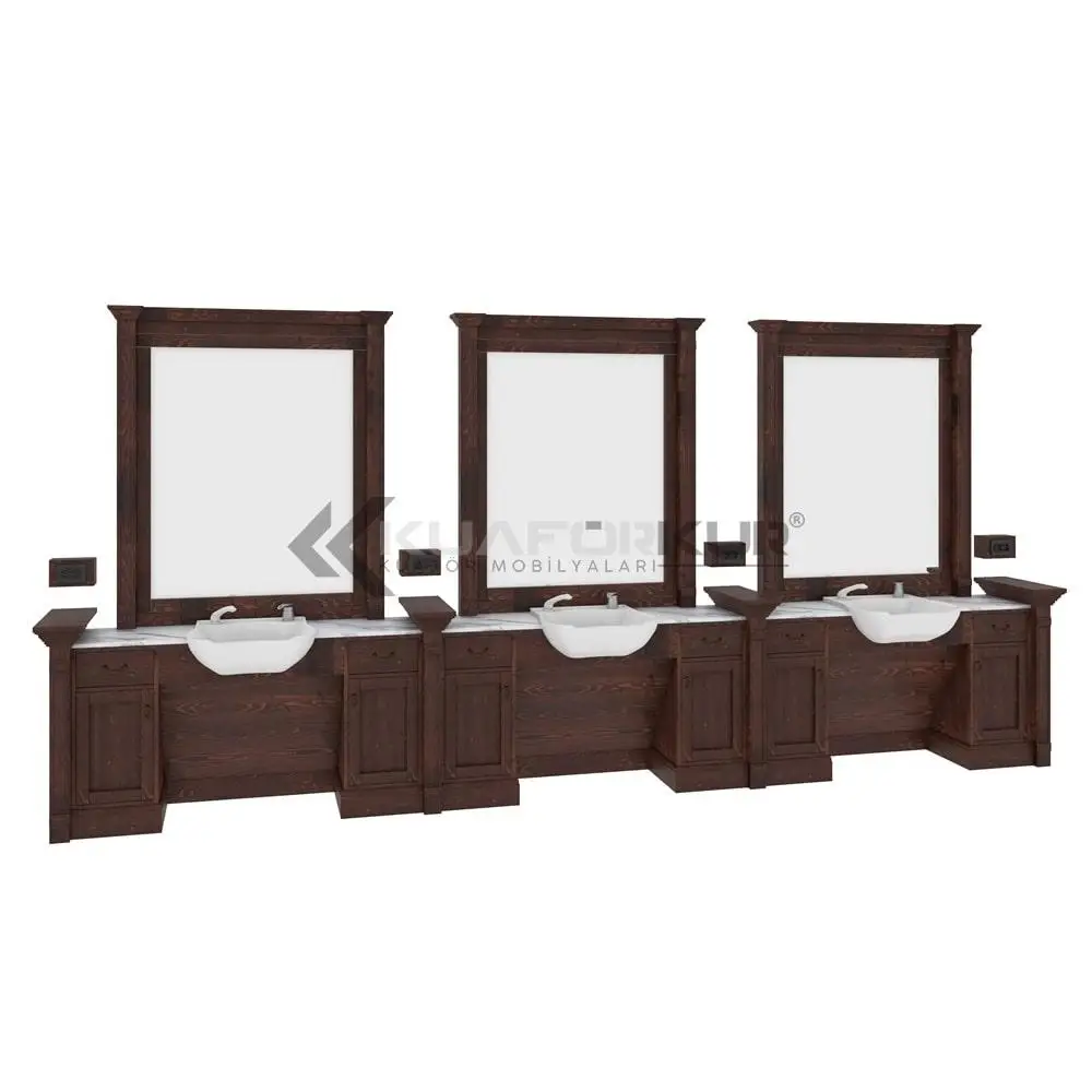 Wholesale Barbershop Salon Equipment Real Wood Barber Station New Design Salon Mirror Station Marble Surface