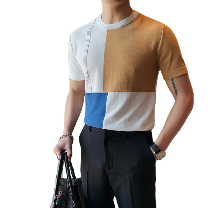 Custom logo printing design mens tshirt summer British style knitting T-shirt