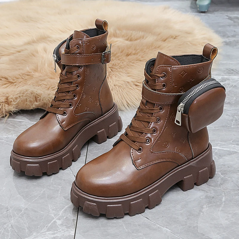 Women Waterproof Fashion Shoelace Ankle Boots with Two Mini Side Bags Leather Cool Black Winter Martin Boots