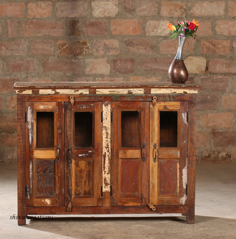 Solid Wood Farmhouse Reclaimed Wood Sideboard Cabinet 4 Glass Door Storage Display Living Room Furniture Chinese Design Style