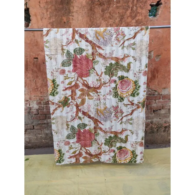 Индийское белое красивое цветочное покрывало Kantha оптовая продажа индийское Хлопковое одеяло ручной работы с цветочным принтом