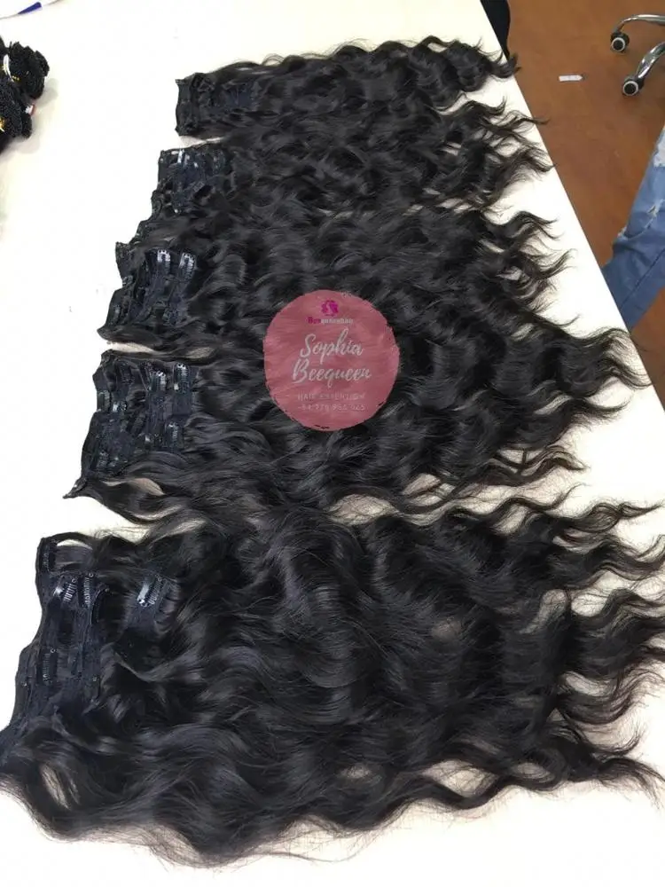 Clip-in hair extention Natural Wavy Double Drawn Natural Black color #1B No Shedding No Tangling Dyalbe best virgin hair