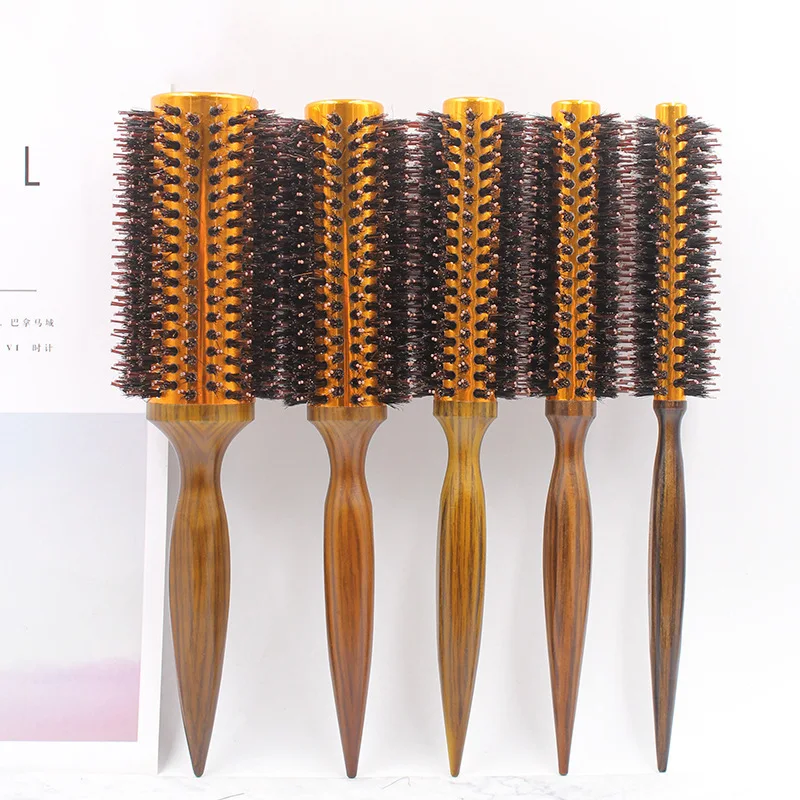 Деревянная алюминиевая трубка с ручкой, натуральная щетина кабана, круглая расческа для вьющихся волос, щетка для сушки волос, укладки, завивки волос