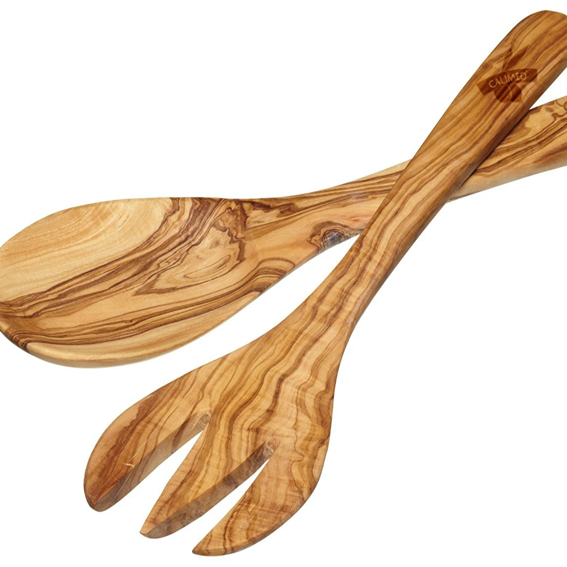Серверы для салатов из оливкового дерева. Серверы для салатов ручной работы. Столовая посуда, салатные столовые приборы, вилка и ложка из оливкового дерева для рук
