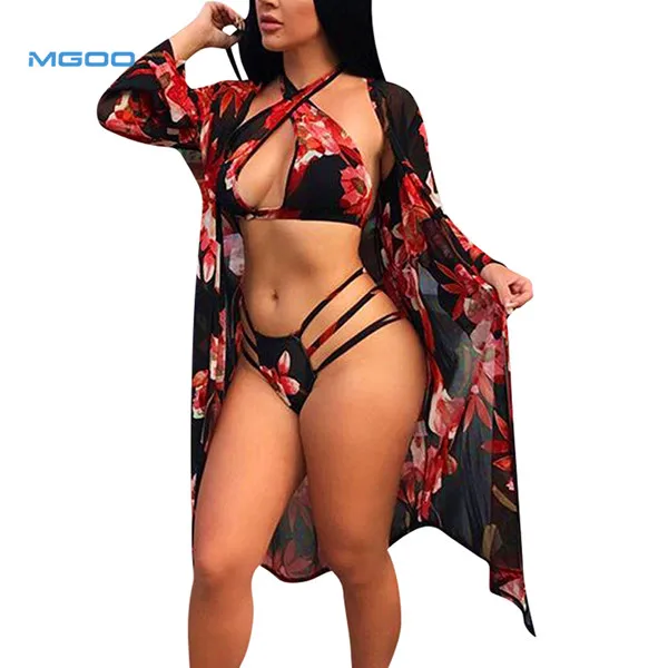 Custom Three-Piece Swimsuit Bikini Set  Chiffon Sarong Cappa  for Womens Print floral Beachwear Bathing suit