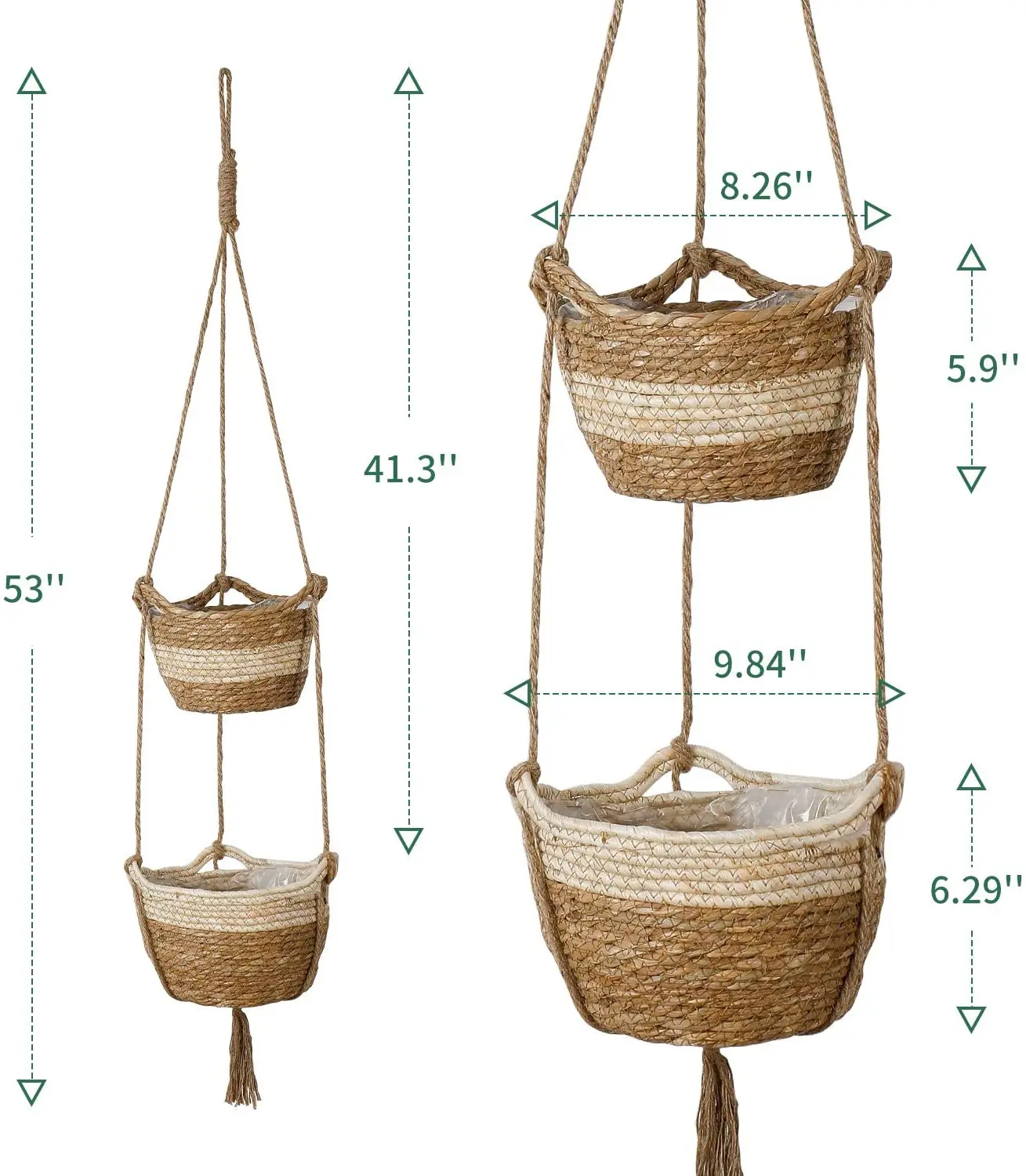 Seagrass Hanging Planters Basket Indoor Two Layers Flower Pot Storage Organizer with Waterproof Plastic Liner