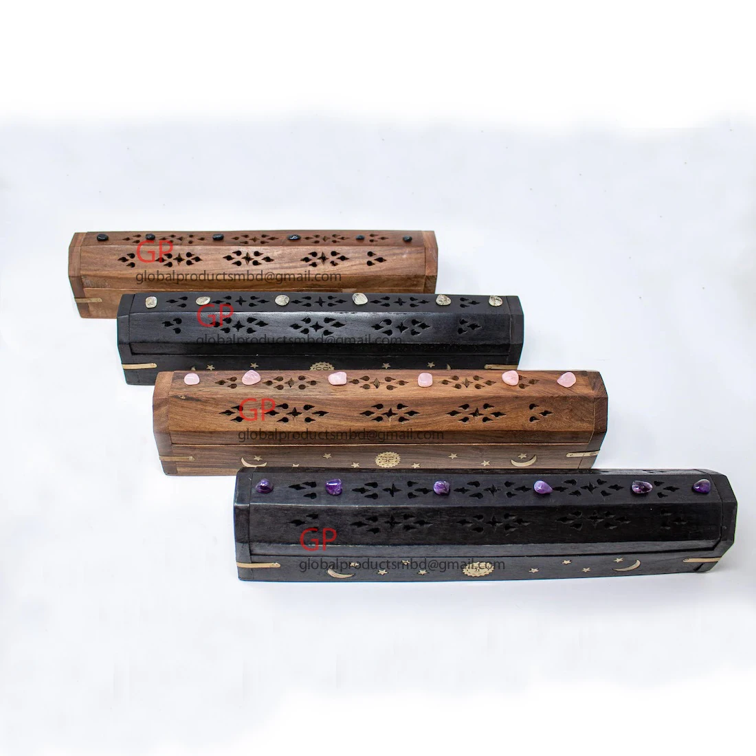 Crystal Customized Wood Sun & Moon Stick and Cone Incense Burner Enclosed Coffin Style Box  Bottom Storage