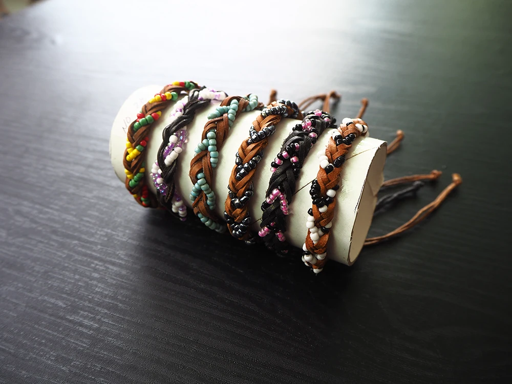 Adjustable Unisex Genuine Braided Leather Charm Bracelet Multi-Strands Beaded Vintage Style for Weddings Parties and Gifts