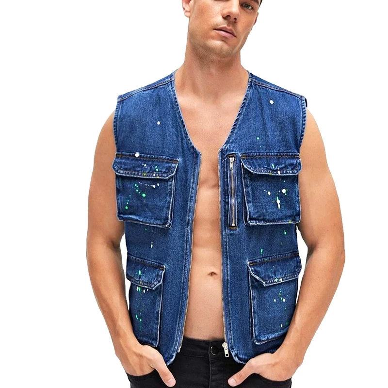 New Style Jean Vest Outdoor Denim Vests Biker Multi-Pockets Fashion Denim Vest