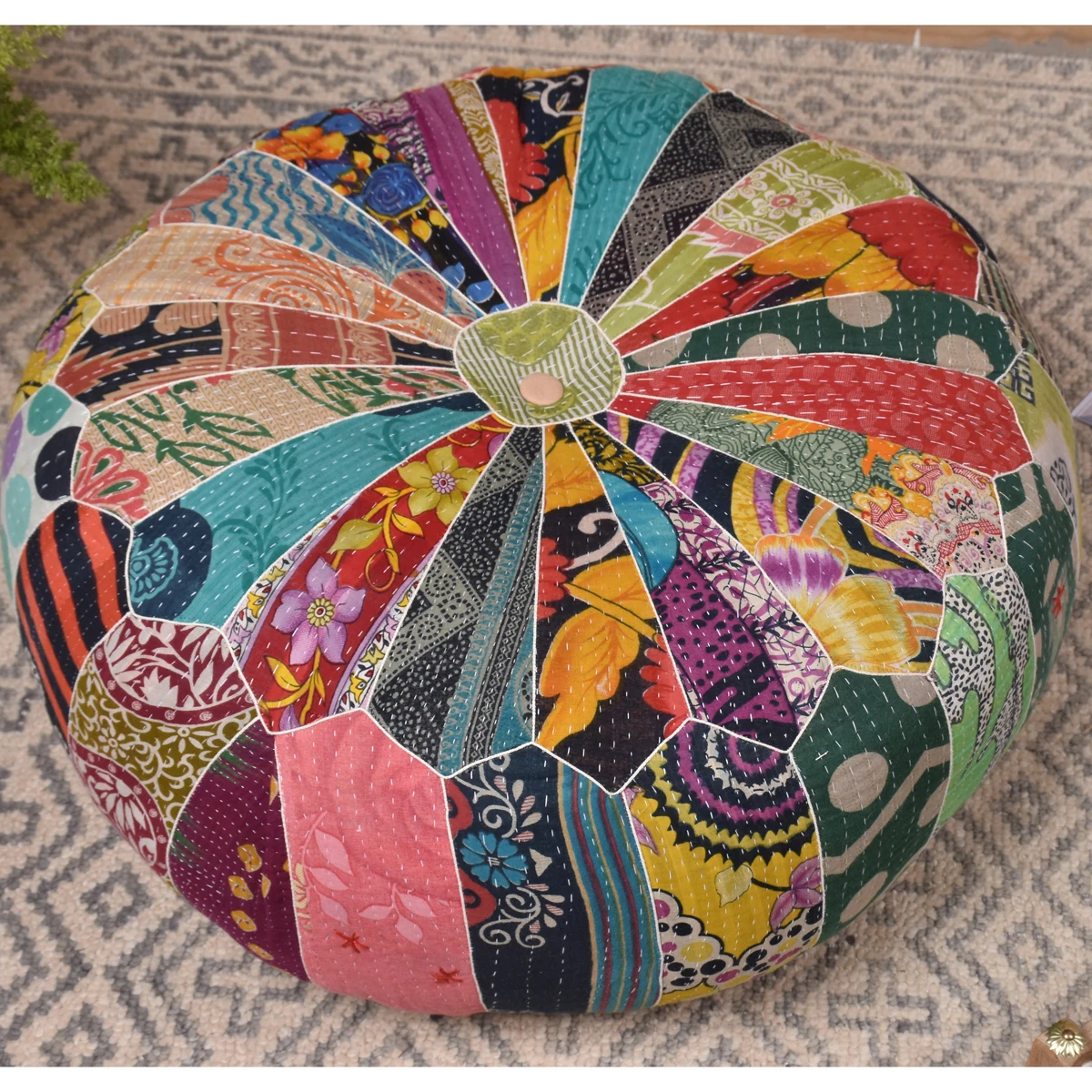 Amazon Supplier Hot Sale Patchwork Design Cotton Kantha Fabric Floor Foot Stool Ottoman Bedroom Detachable Colorful Pouf Cover