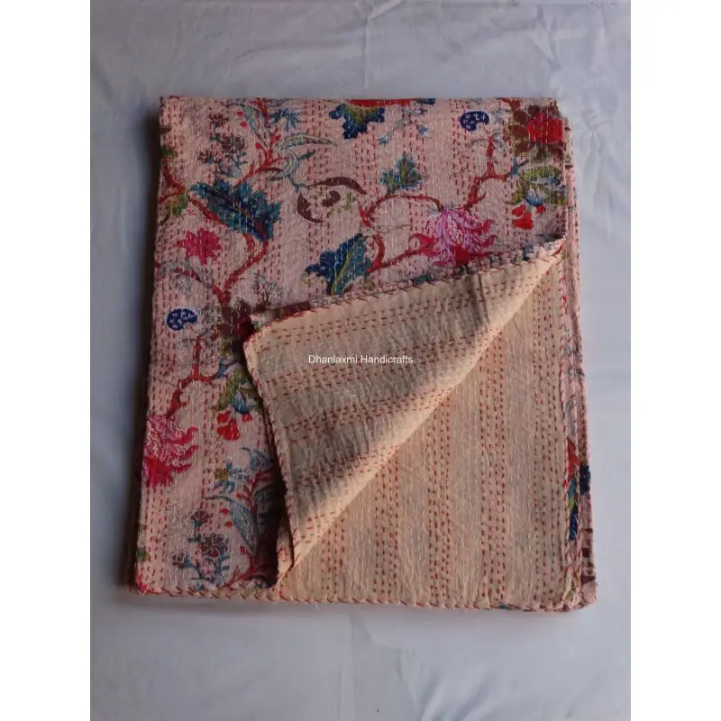 Легкое Персиковое красивое цветочное индийское Хлопковое одеяло Kantha ручной работы с цветочным принтом оптом покрывало