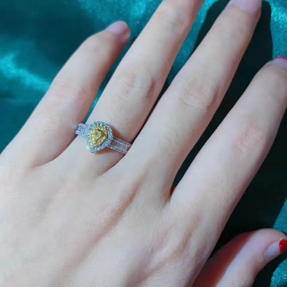 High-end Yellow Natural Gemstone Solid 18K Diamond Pear Shape Ring For Women