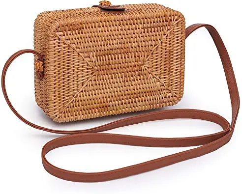 
Rectangle Rattan Bag Brown Handwoven Best Price from Vietnam/Wholesale Handicraft Tote Rattan Straw Handbag Crossbody Bag 