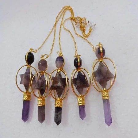 Wholesale 3-Piece Amethyst Spinning Star Reiki Pendulum Carved  Chakra Dowsing Merkaba Healing Pendulum stone pendulum