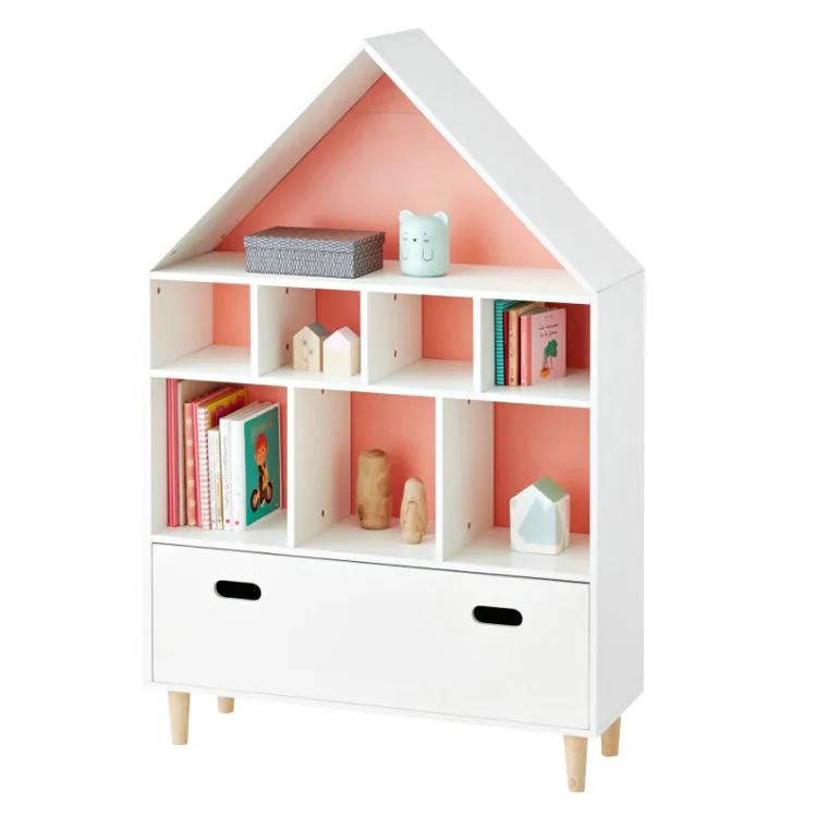Hot selling kids wooden bookshelf house shape bookshelf storage shelf